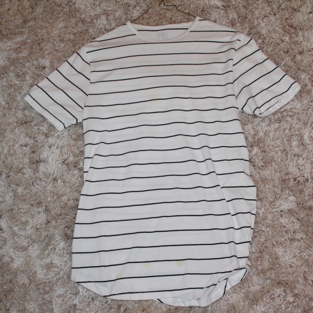 White Zine with black striped drop-T shirt